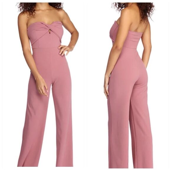 Windsor jumpsuit womens size Small twist front cut out strapless mauve Stretch - Picture 1 of 11